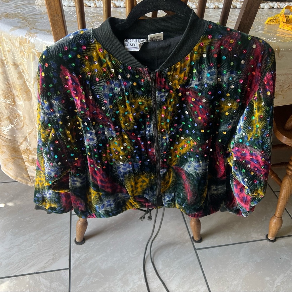Black Yellow Velvet sequins vintage Light Weight party jacket Size Small 80s 90s